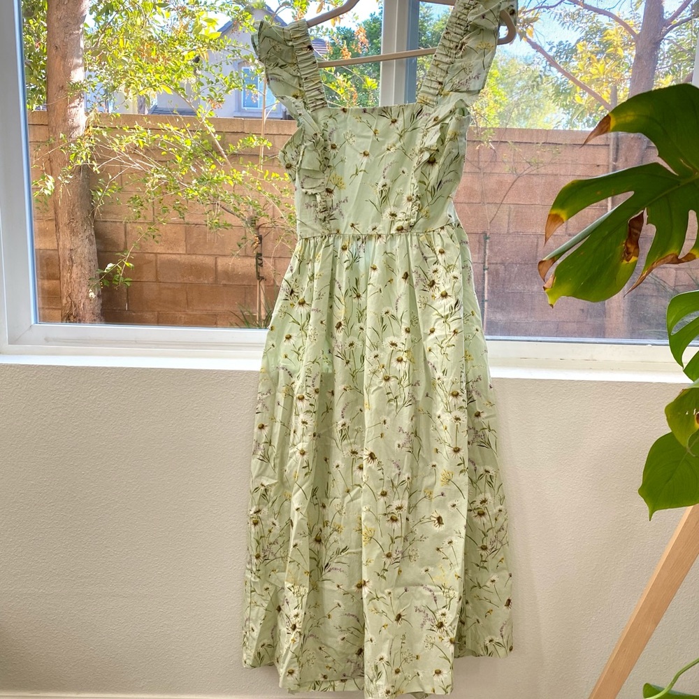 H&M Ruffle Sleeve Floral Green Midi Dress